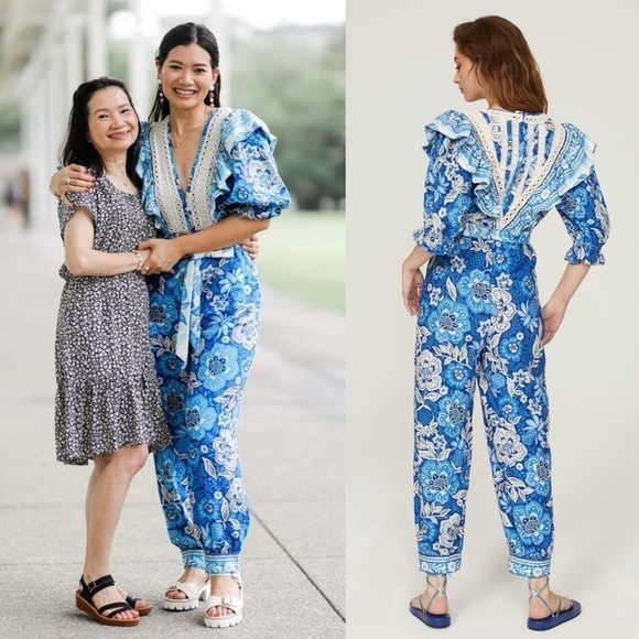 FARM RIO Linen Floral Paisley Puff Sleeve Ruffle Lace V-Neck Tie Belt Jumpsuit S - Picture 8 of 16